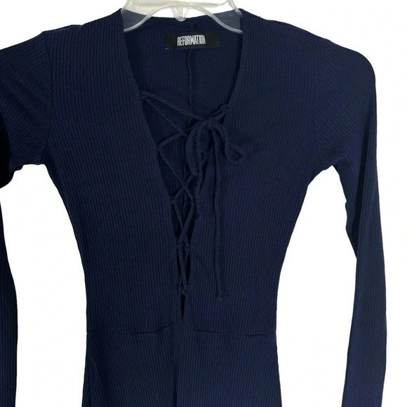 Reformation Edison Lace Up Rib Knit Midi Dress NAVY Blue Size XS - Picture 9 of 13